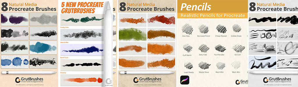 5 sets of Procreate brushes and pencils for Procreate, each with text above that says 8 Procreate brushes or 5 New Procreate brushes. Under the text are 5 to eight boxes, each containing a sample of a digital brush paint stroke. There are Apple Pencils laid across several of them, as if placed on top of the images.